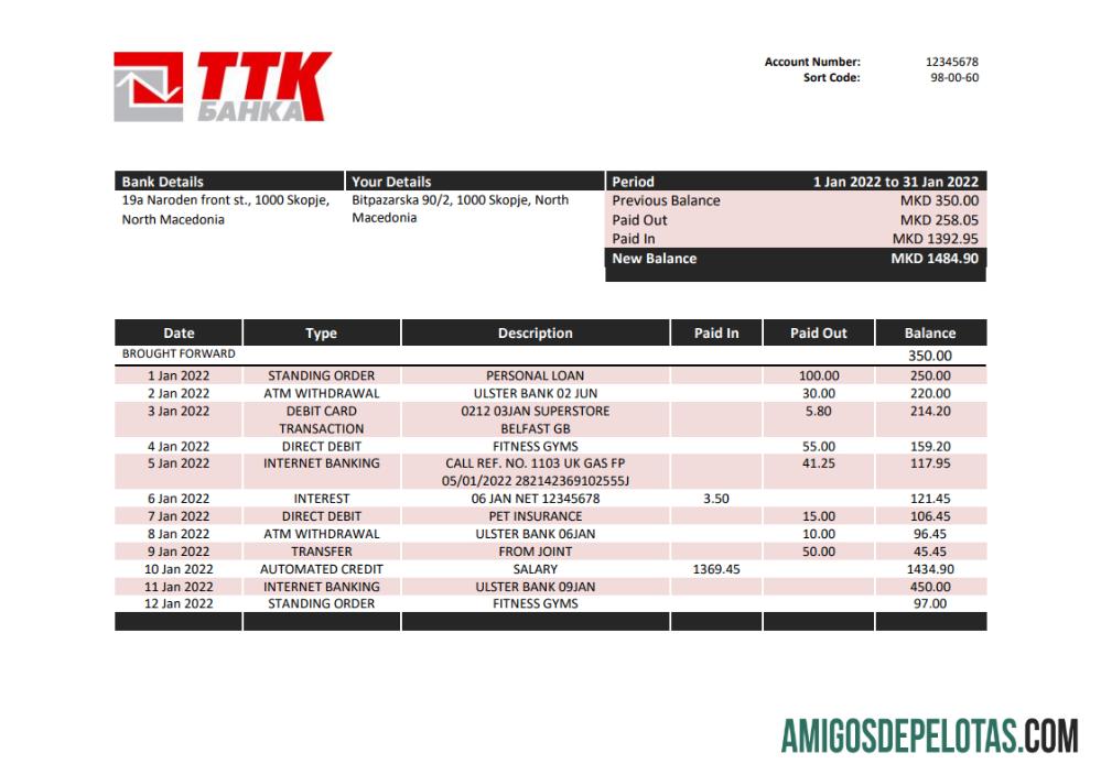 Modelo de extrato bancário TTK da Macedônia para impressão em formato Word e PDF